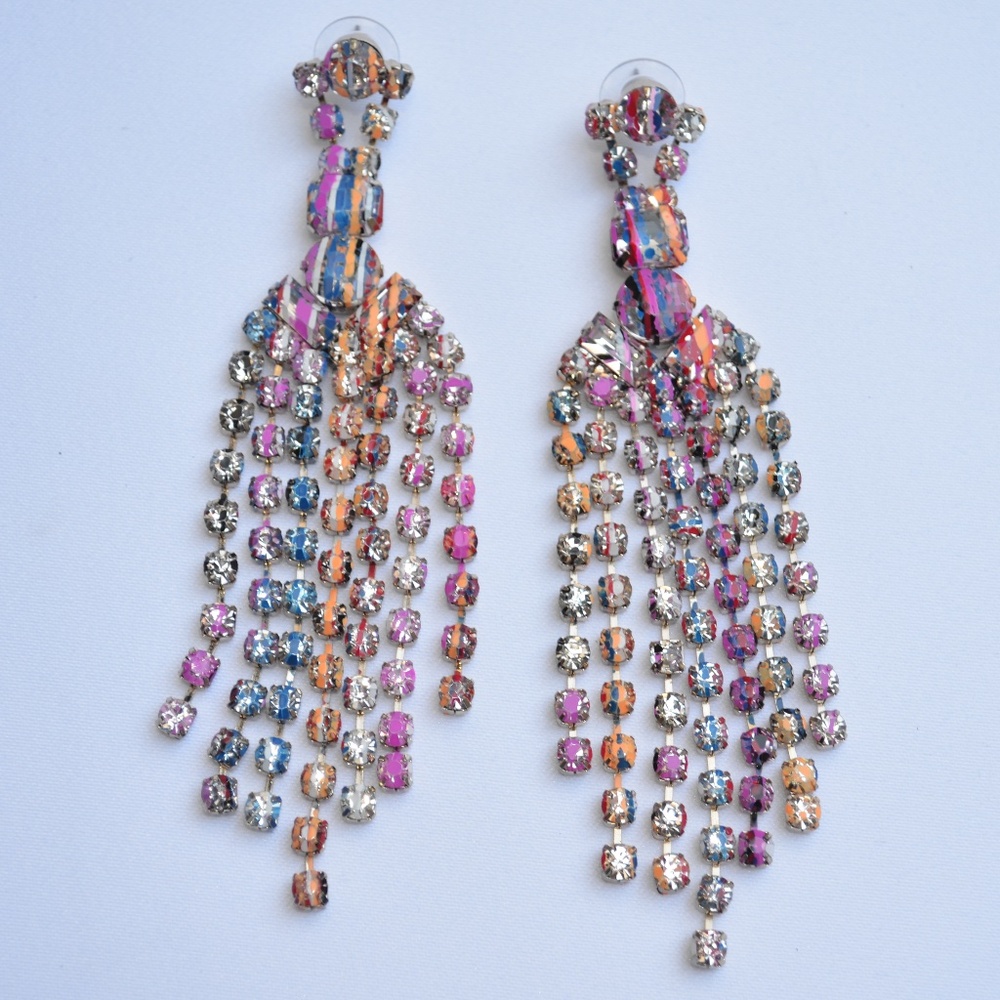 Betsey Johnson Harlem Shuffle Pink Art Graffiti Rhinestone Dangle Long Earrings